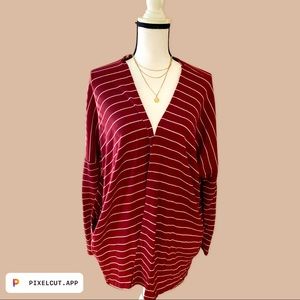 Burgundy White Striped Cardigan Sweater